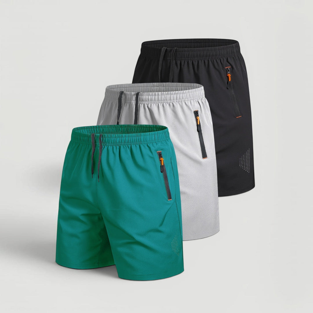 Men's versatile 3-pack shorts: casual, athletic, & workout with secure zip pockets.