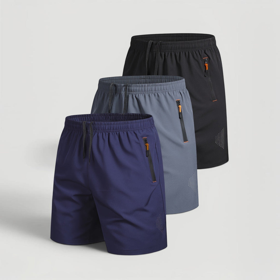 Comfortable men's athletic shorts, 3-pack, perfect for workouts & casual wear with zip pockets.