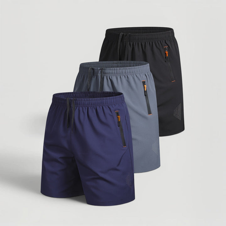 Comfortable men's athletic shorts, 3-pack, perfect for workouts & casual wear with zip pockets.
