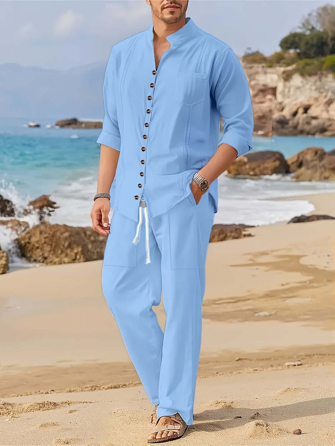 Men's casual beach shirt & pants set in light fabric, perfect for summer vacation or relaxed wear.