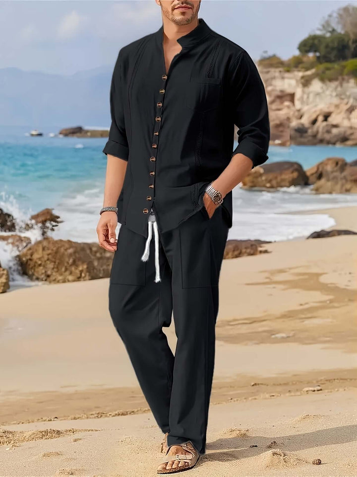 Relaxed fit men's casual beach set with drawstring pants & matching shirt for summer comfort.