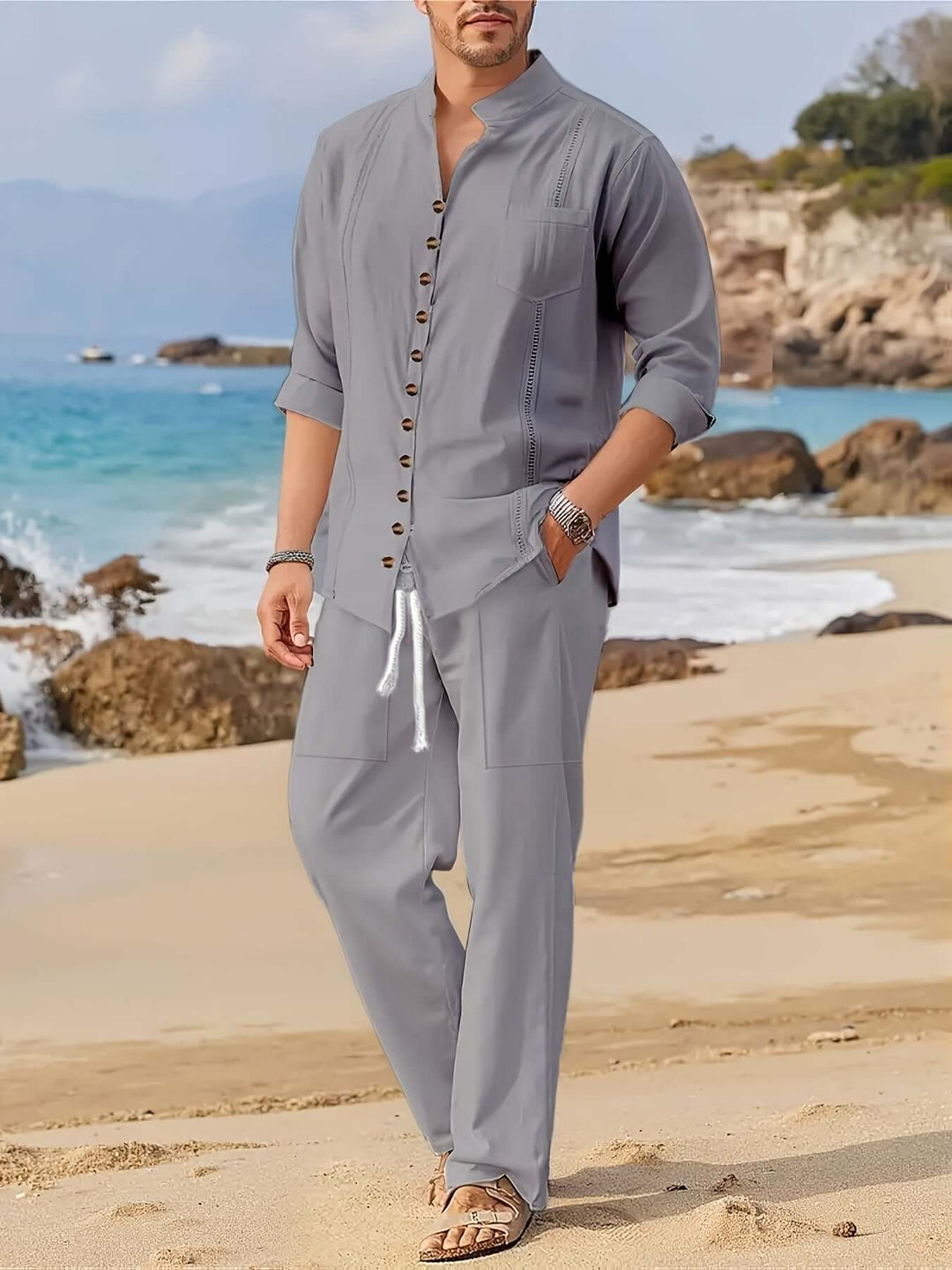 Lightweight men's beach set, including a casual shirt and comfortable drawstring pants for summer.