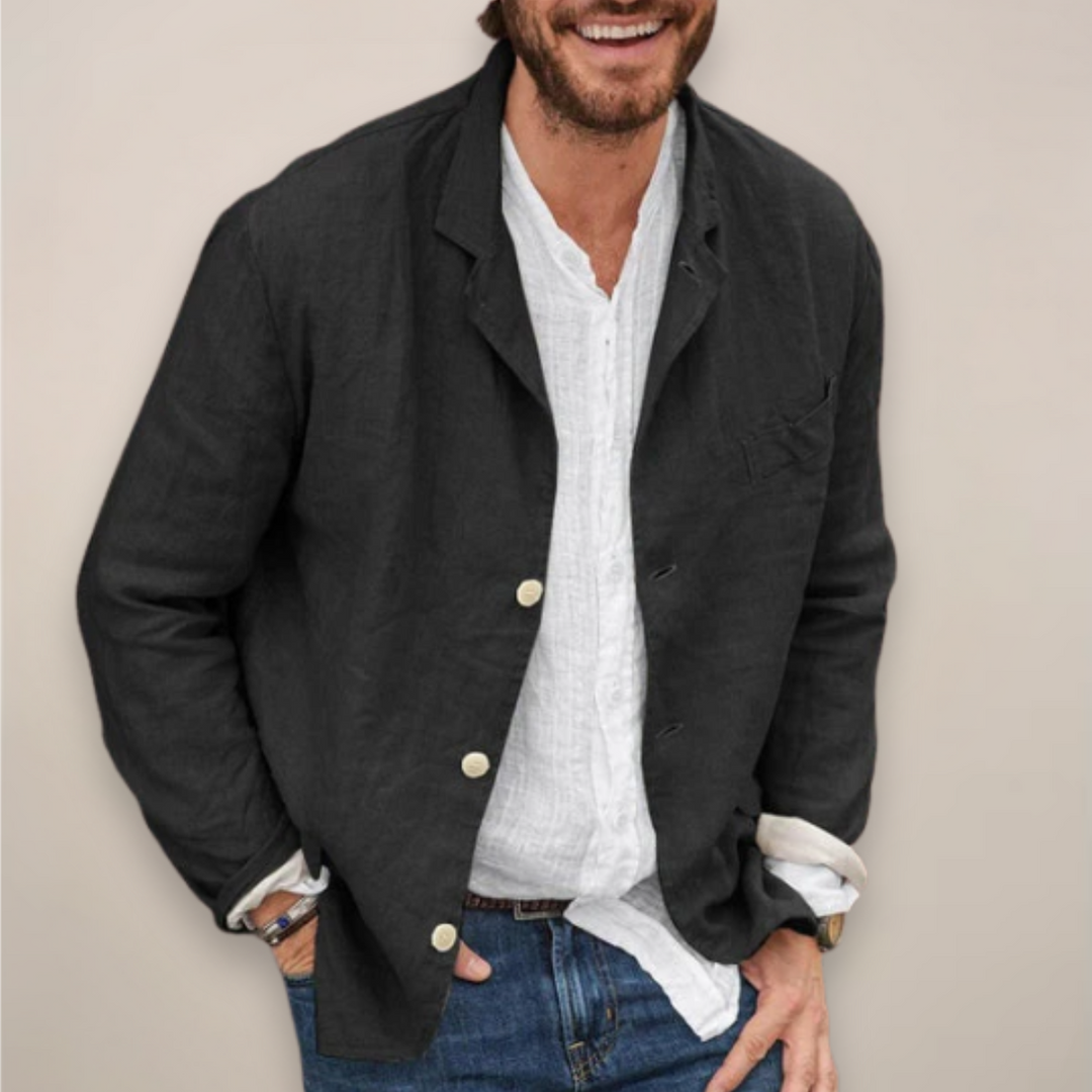 Relaxed fit men's summer blazer, ideal for casual spring events. Lightweight & breathable outerwear.