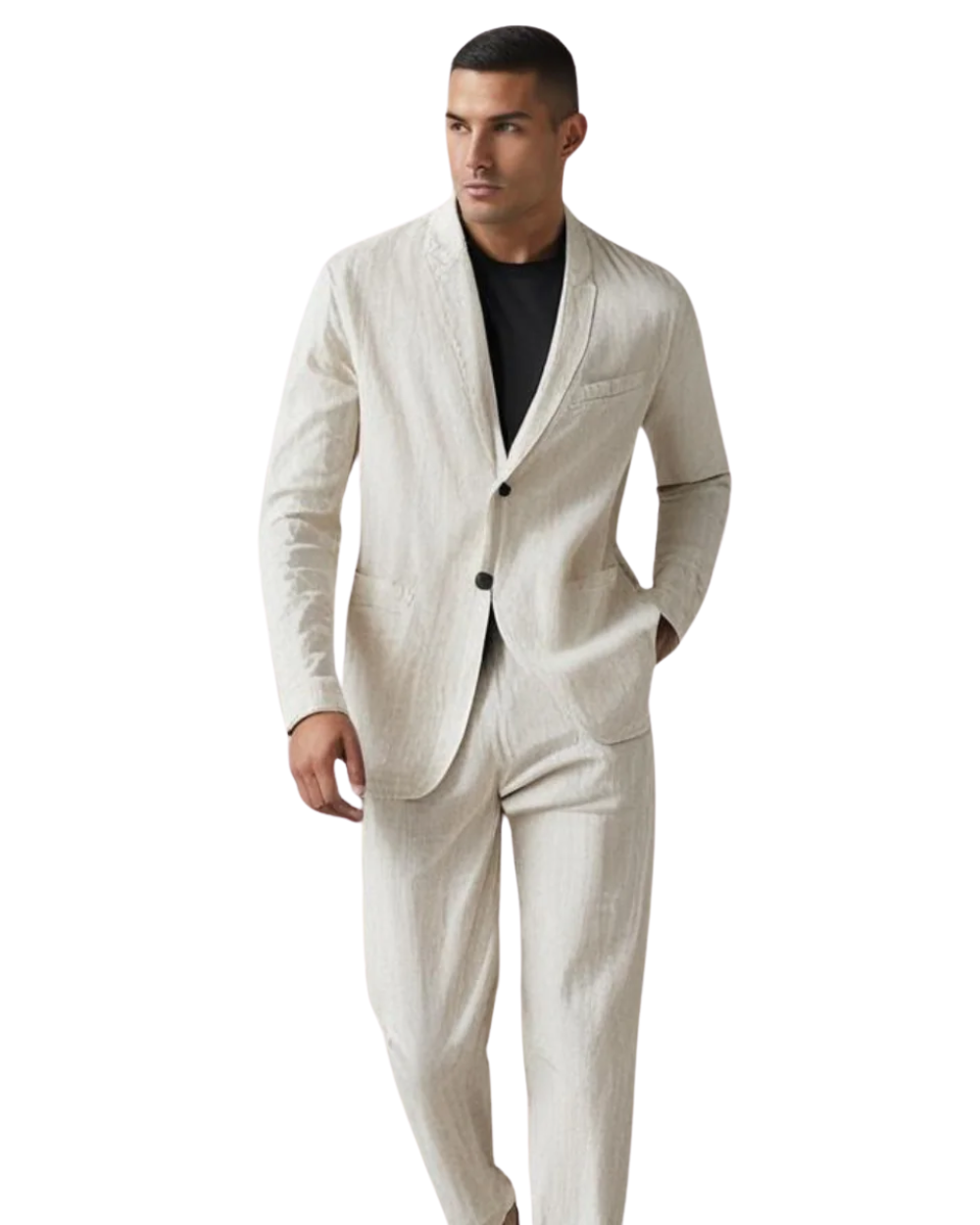 Men's casual button cardigan & trouser set, a stylish two-piece for relaxed summer fashion.