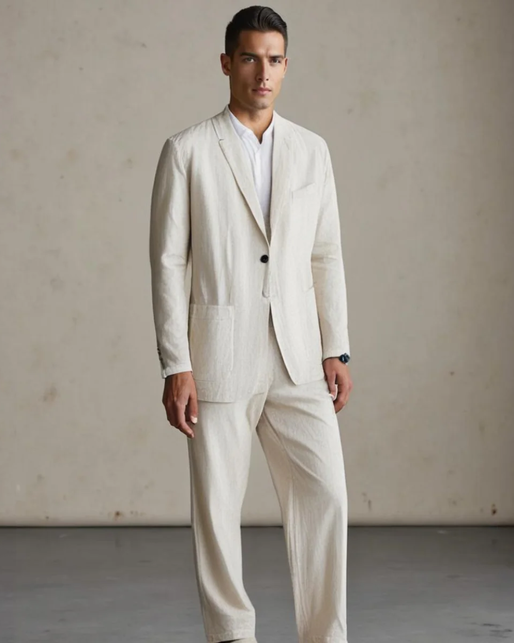 Comfortable men's button-front cardigan & matching trousers, perfect casual wear for summer travel.