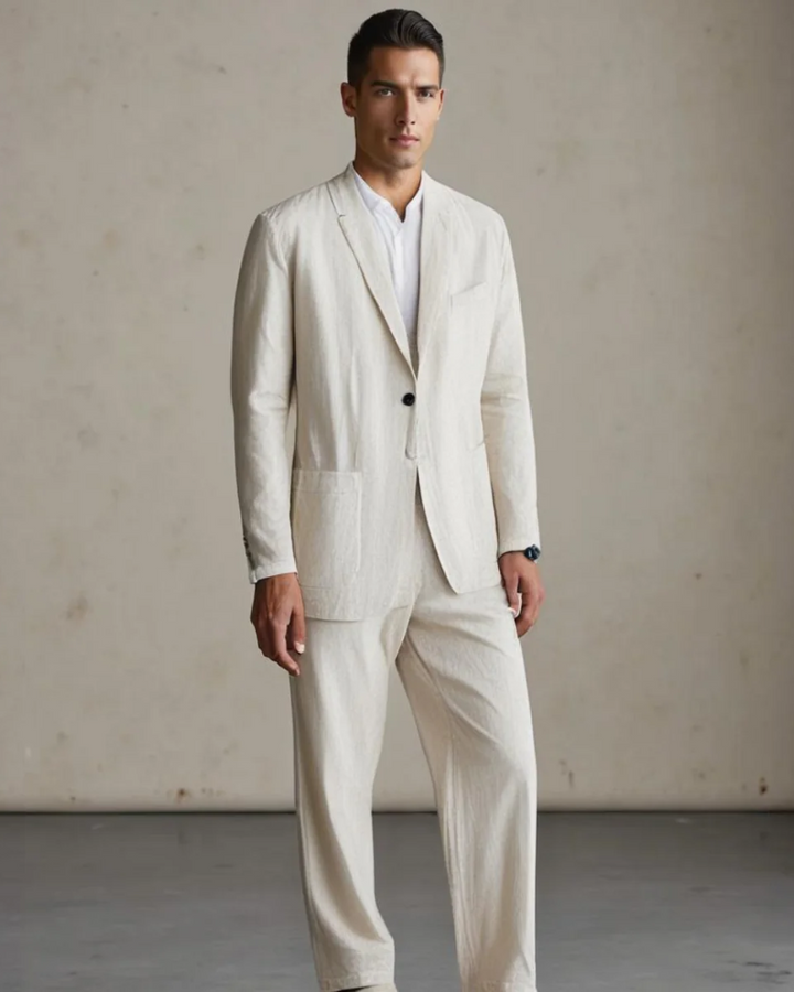 Comfortable men's button-front cardigan & matching trousers, perfect casual wear for summer travel.