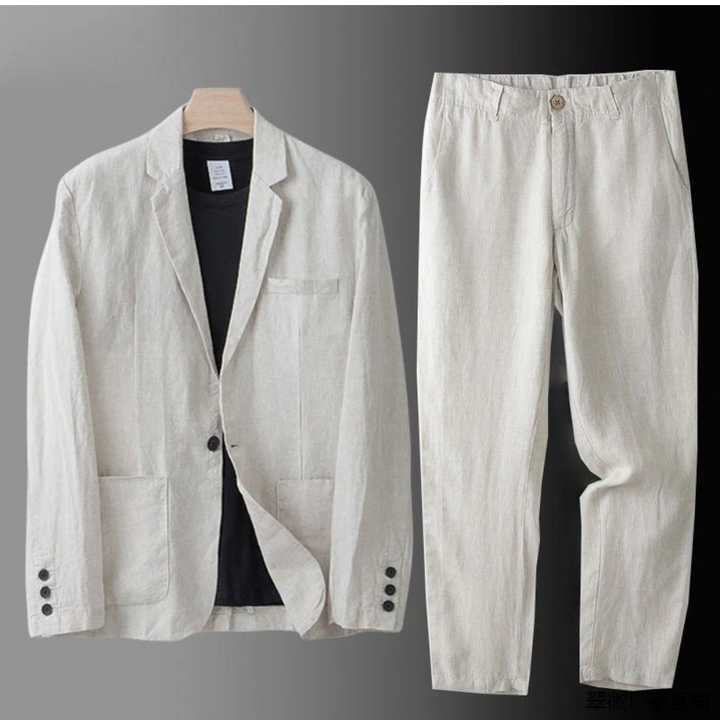 Relaxed fit men's casual two-piece set: button cardigan & coordinating trousers for effortless summer style.