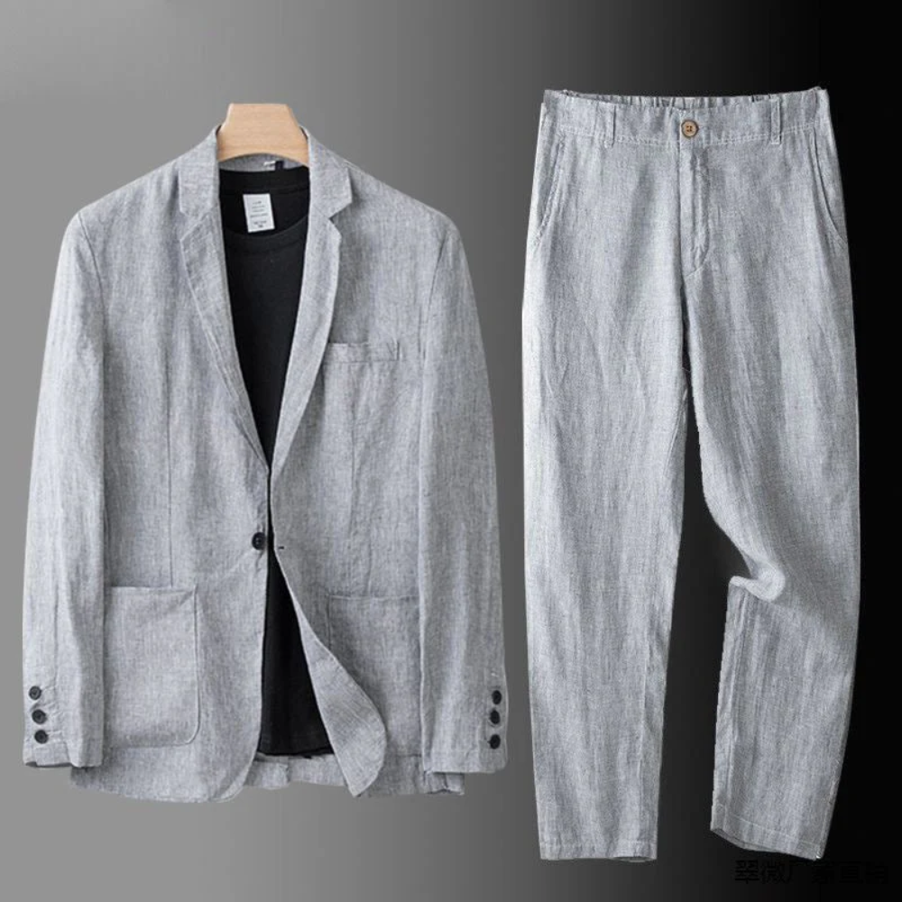 Stylish men's casual button cardigan and trouser set, ideal for summer outings and comfortable travel wear.