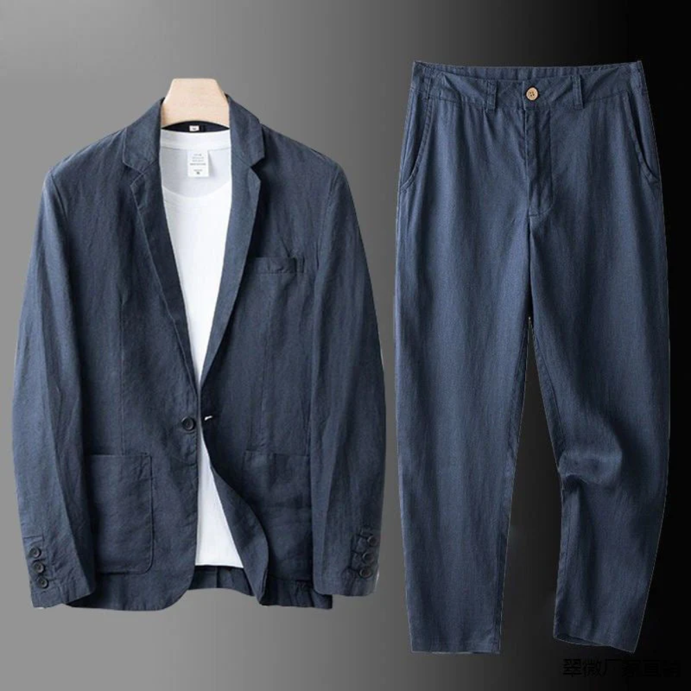 Men's fashion: casual button cardigan paired with relaxed fit trousers, a complete summer two-piece set.