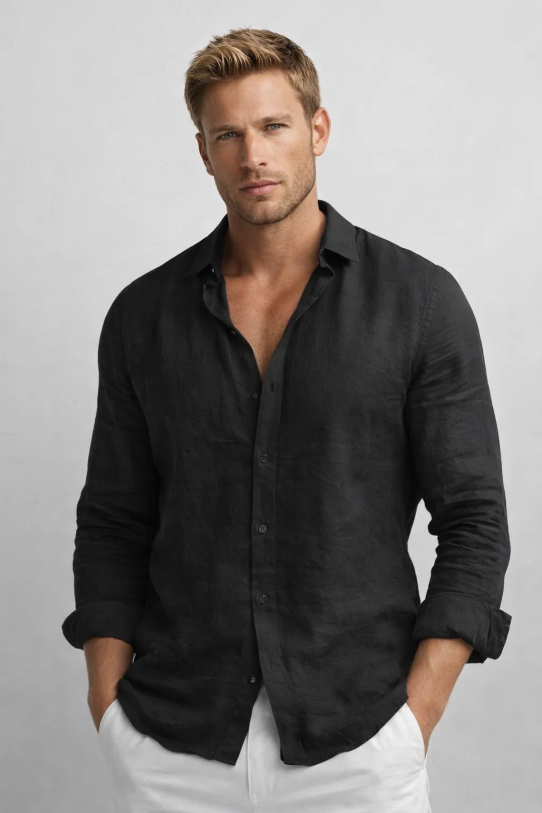 Lightweight men's casual long sleeve button-down shirt for spring/summer fashion. Relaxed fit men's top for versatile wear.