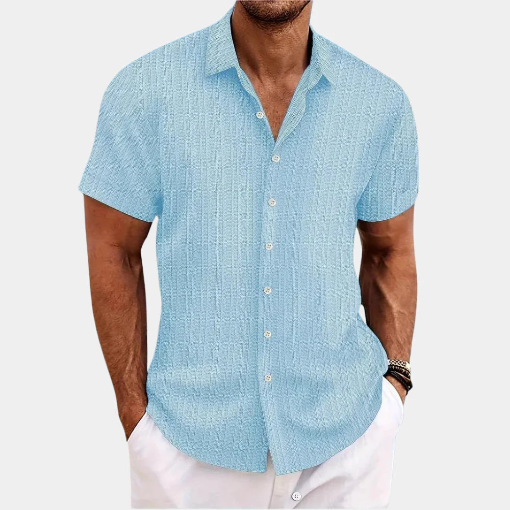 Breathable open stitch men's casual button-down shirt, perfect for summer and warm weather.