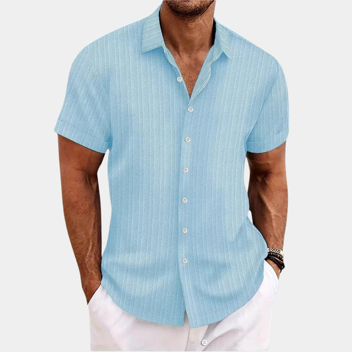 Breathable open stitch men's casual button-down shirt, perfect for summer and warm weather.