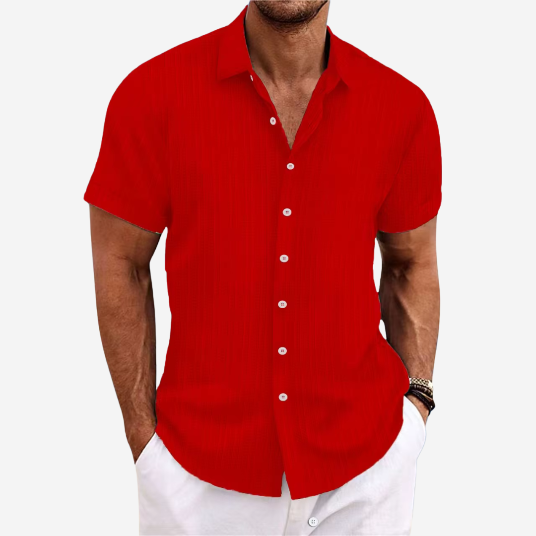 Easy care men's casual button-down shirt, perfect everyday style for warm weather comfort.
