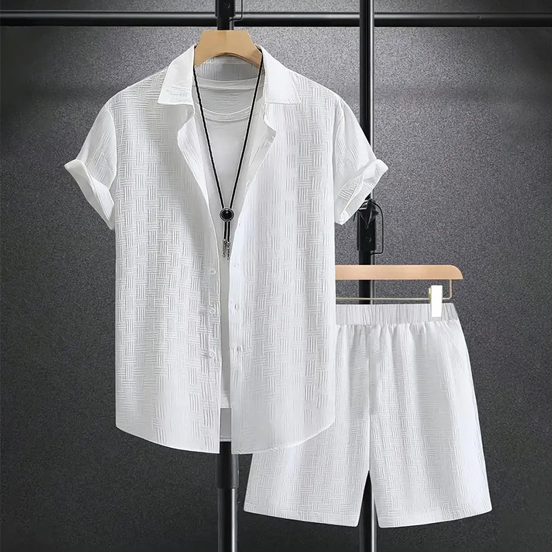 Men's stylish two-piece summer set: short sleeve button-down shirt and comfortable shorts for warm weather.