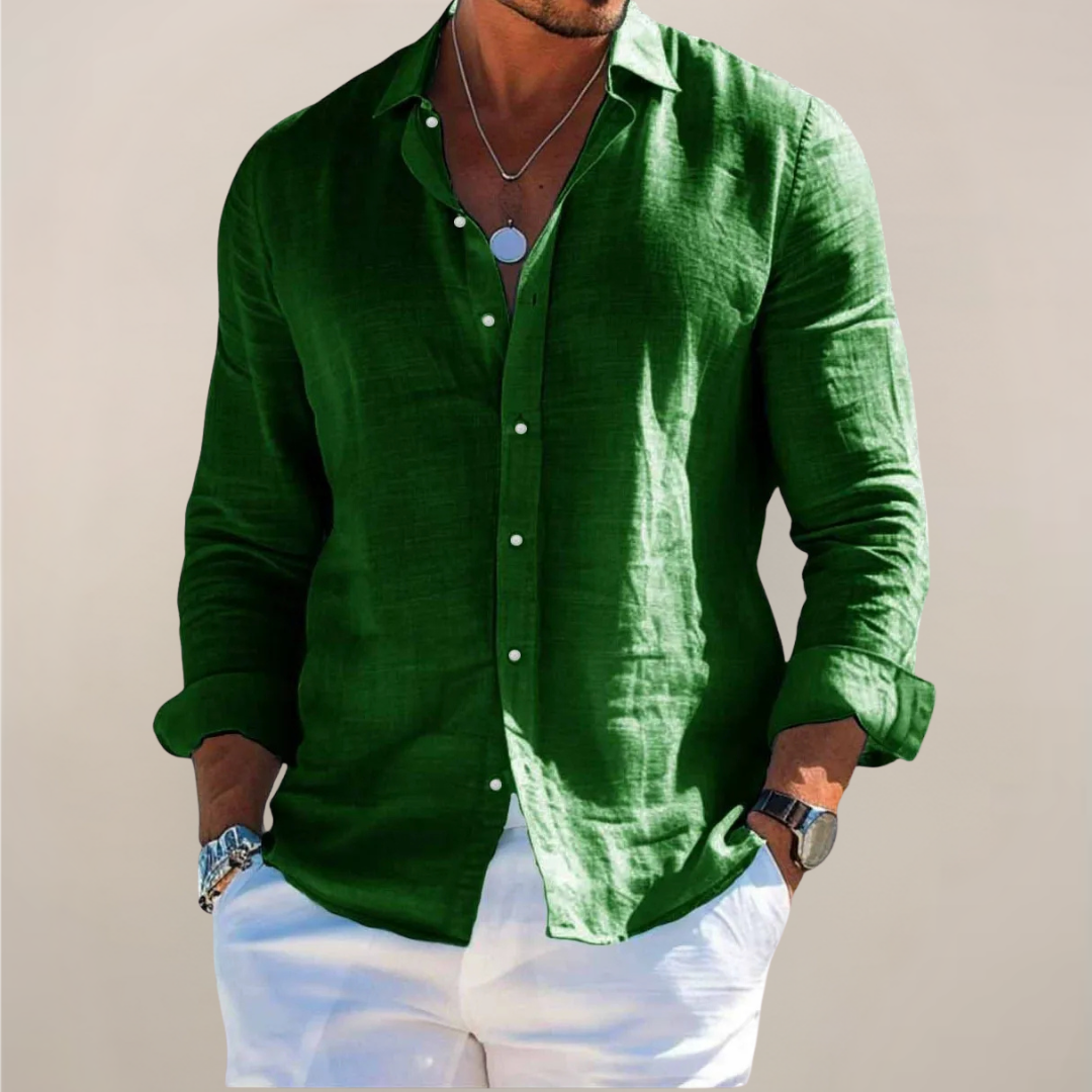 Essential men's summer button-up shirt. Short sleeve, casual comfort, perfect for warm weather style.