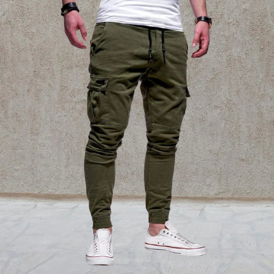 Men's casual cargo pants with flap pockets for everyday wear. Comfortable, straight leg, relaxed fit utility pants.