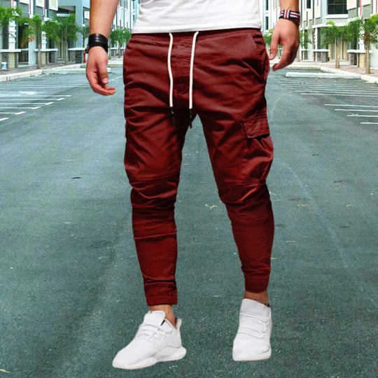 Modern men's casual pants: cargo style with functional flap pockets. Offers a comfortable, relaxed, straight leg fit.