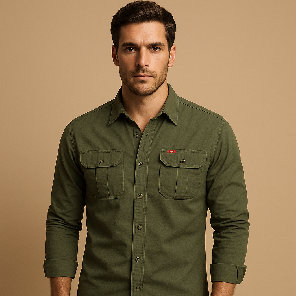 Comfortable men's long-sleeve cargo pullover shirt, ideal for versatile layering & casual style.