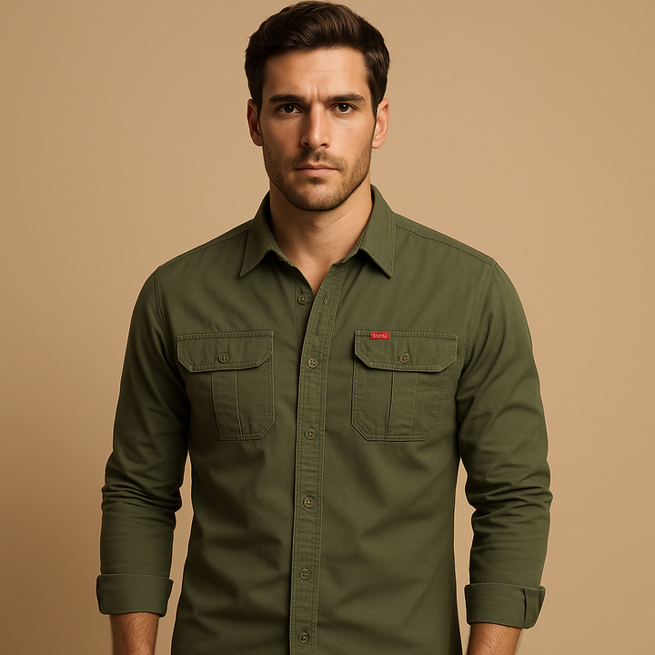 Comfortable men's long-sleeve cargo pullover shirt, ideal for versatile layering & casual style.
