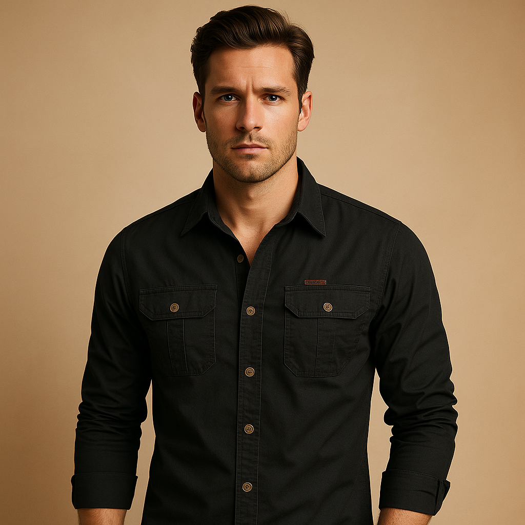 Stylish men's cargo shirt featuring front pockets, a perfect blend of outdoor utility & casual fashion.