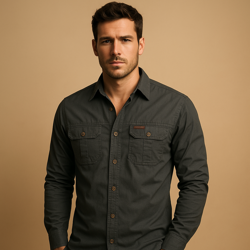 Relaxed fit men's cargo shirt, long sleeve with chest pockets, designed for casual comfort & outdoor style.
