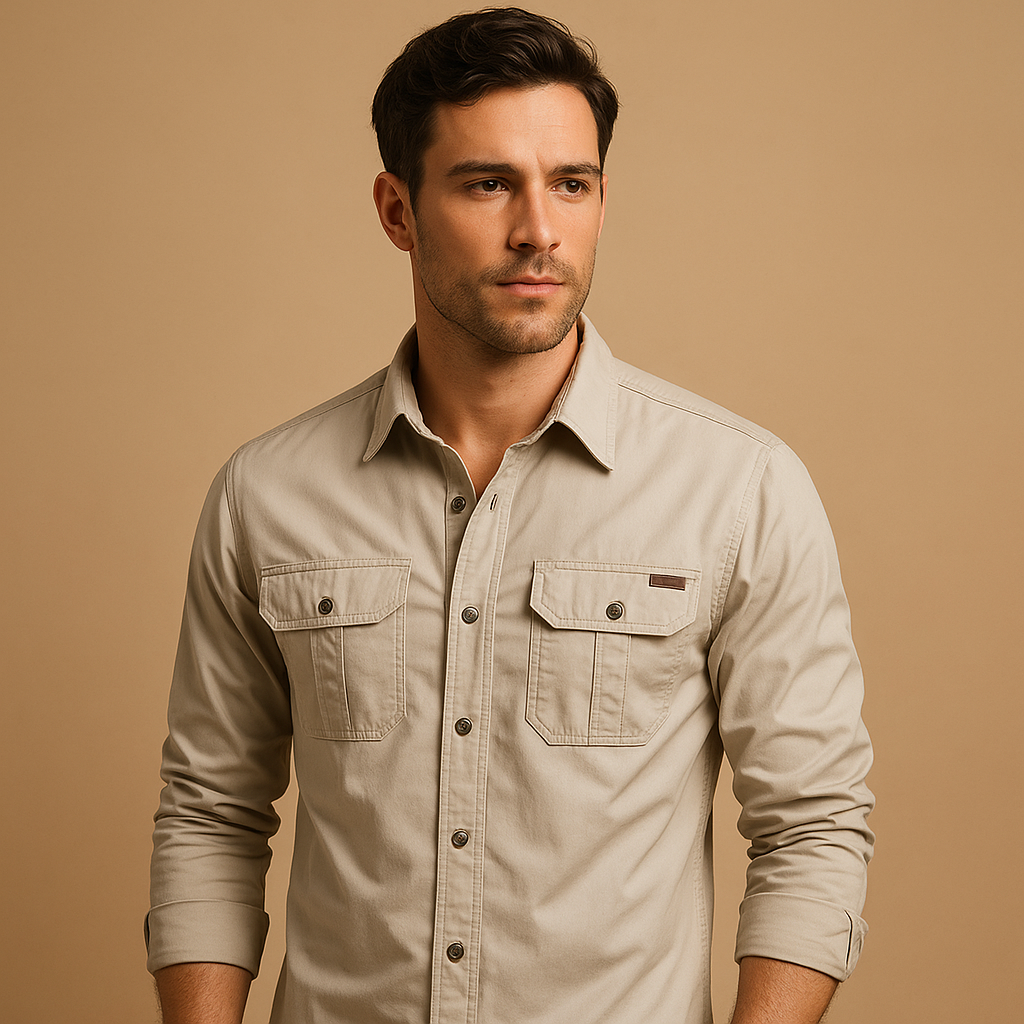 Pullover men's cargo shirt with functional pockets. Essential menswear for a comfortable, everyday casual look.