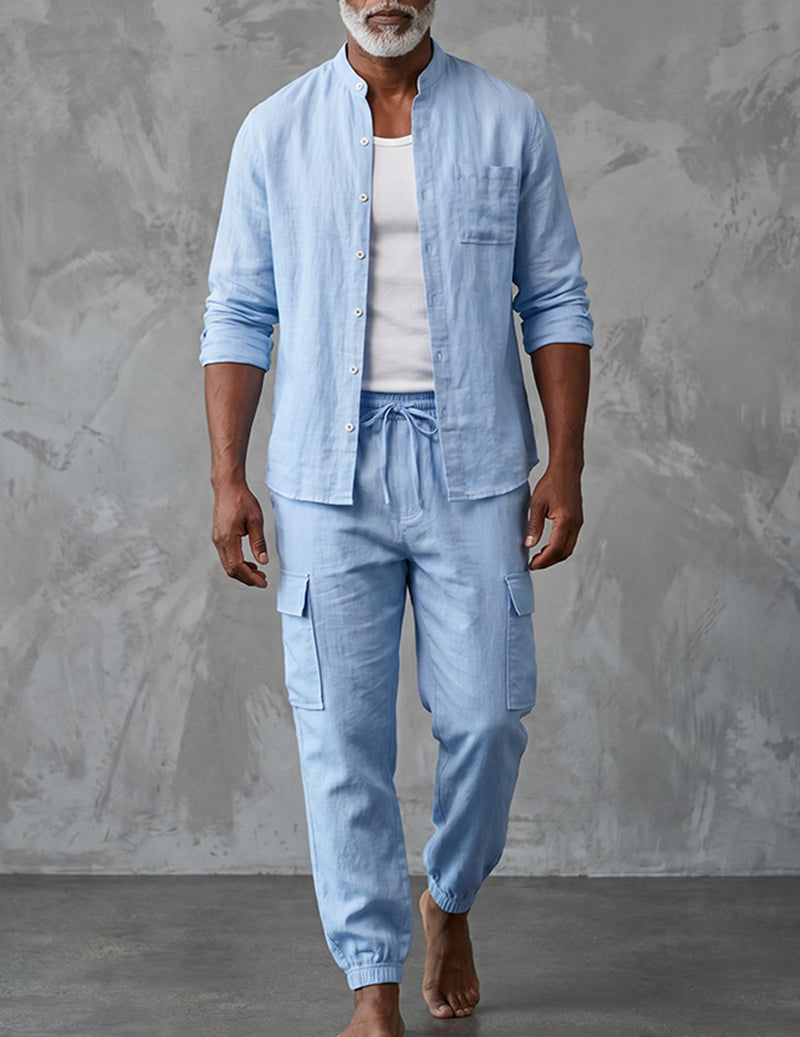 Comfortable men's two-piece cargo outfit. Relaxed fit shirt & matching cargo pants for casual summer wear.