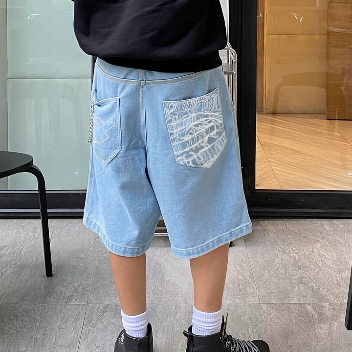 Comfortable summer wear: Men's loose-fit denim shorts, floral design embroidery. Casual style.