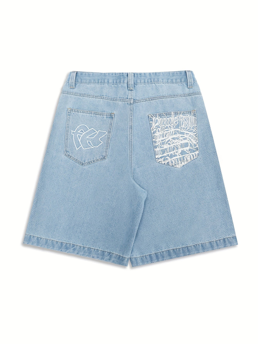 Streetwear style men's Bermuda shorts, blue denim with elegant floral embroidery, comfortable fit.
