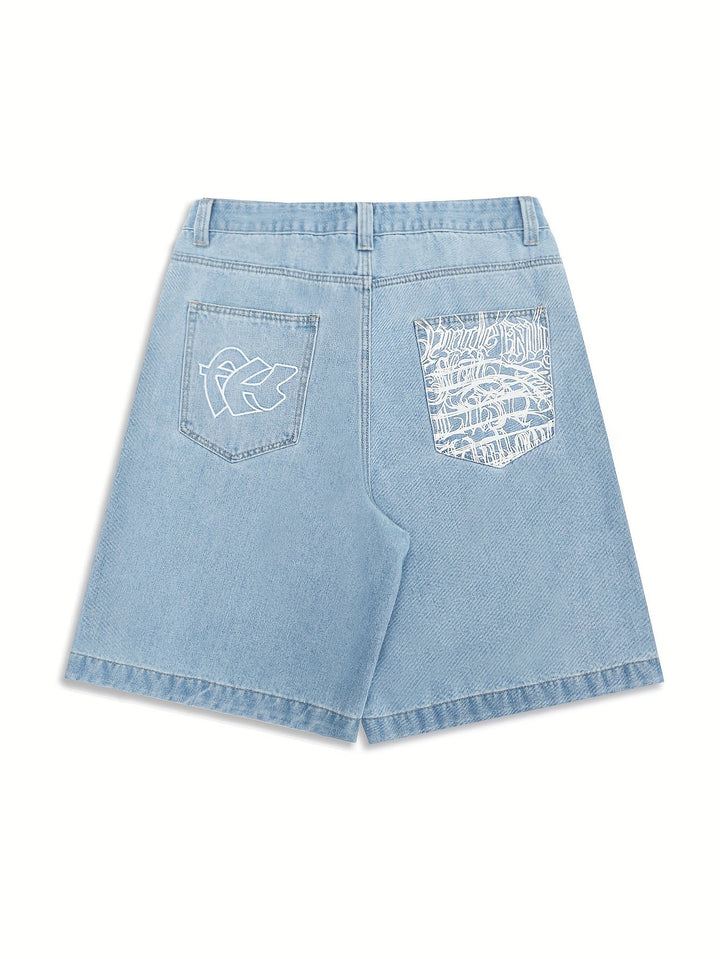 Streetwear style men's Bermuda shorts, blue denim with elegant floral embroidery, comfortable fit.