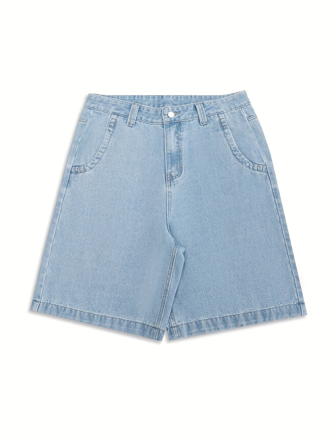 Casual men's loose-fit denim shorts, blue with stylish floral embroidery detail for summer.