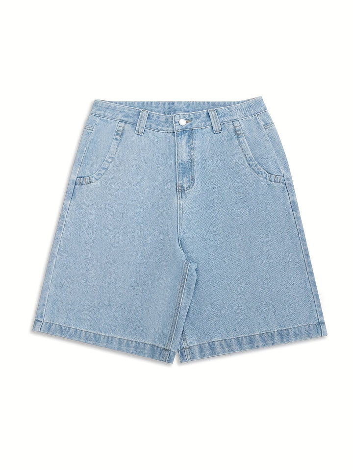 Casual men's loose-fit denim shorts, blue with stylish floral embroidery detail for summer.