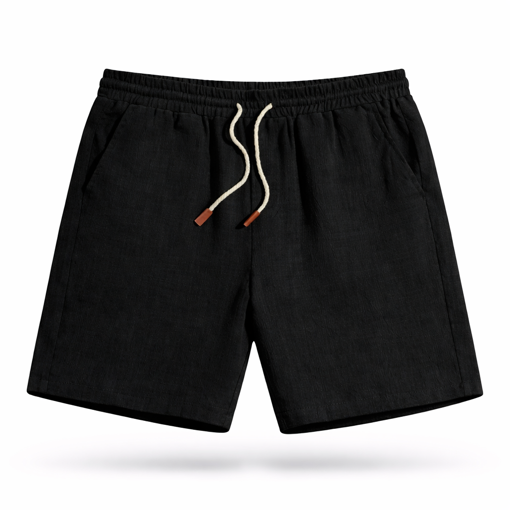Man wearing relaxed-fit drawstring casual shorts for summer, suitable for everyday activities.