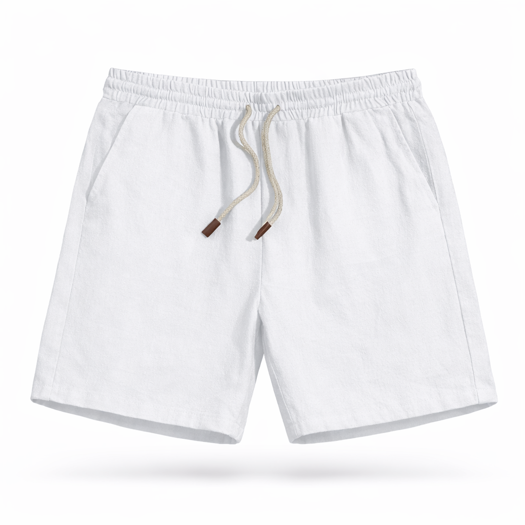 Folded men's casual summer drawstring shorts, highlighting comfortable fabric & relaxed fit.