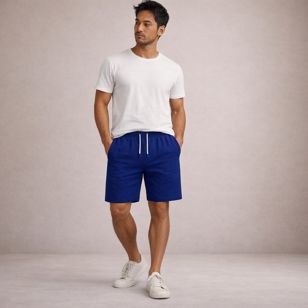 Men's relaxed fit summer shorts with drawstring, ideal for casual holiday and travel wear.