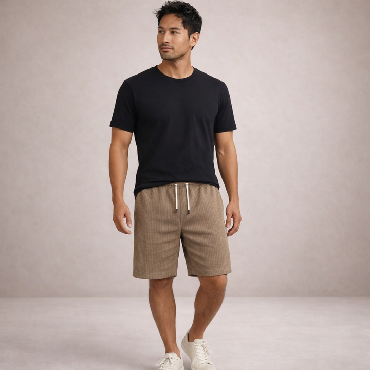 Men's relaxed fit drawstring shorts, perfect for summer casual outfits & beach days.