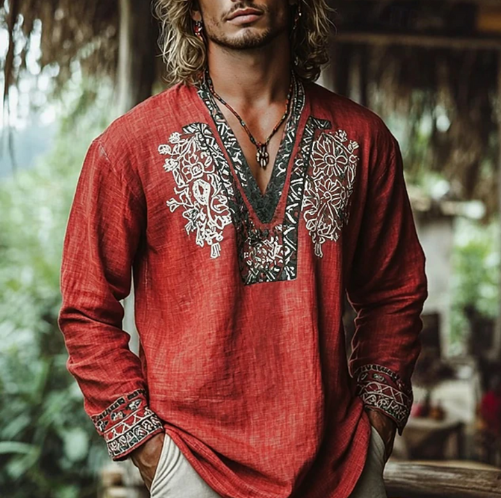 Relaxed fit men's embroidered resort shirt, perfect for beach vacations, summer parties & casual holiday style.