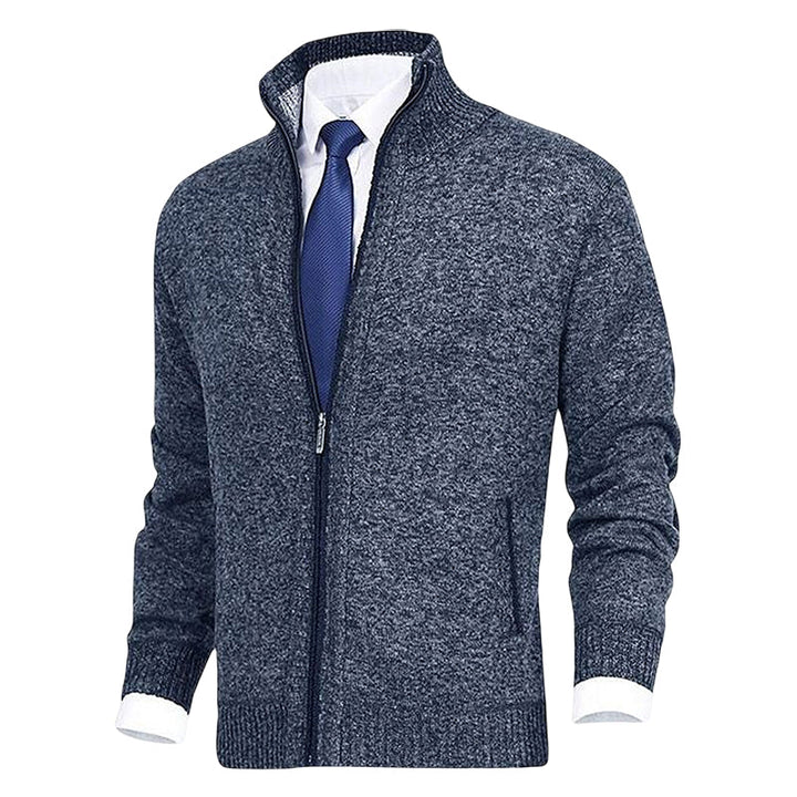 Stylish men's knit full-zip collared cardigan, perfect for smart casual autumn & winter layering.