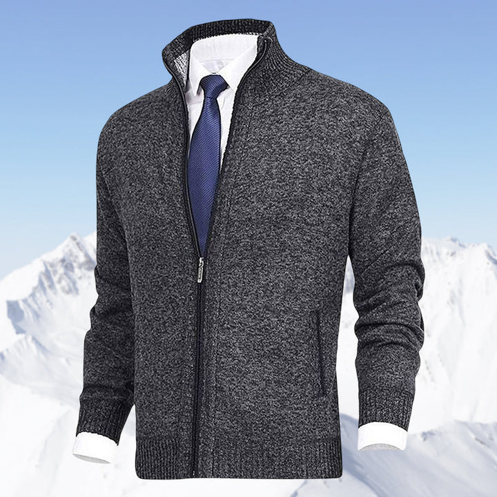 Classic men's full-zip cardigan with a stylish collar & practical pockets, a key smart casual layering piece.