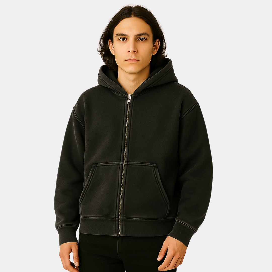 Men's casual full zip hoodie in dark gray, perfect for everyday comfort & versatile layering.