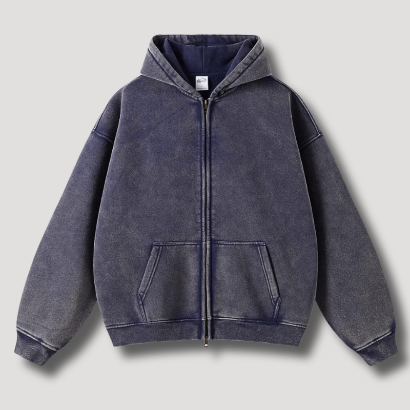 Practical front pockets on a men's full zip hoodie, enhancing active comfort & casual utility.