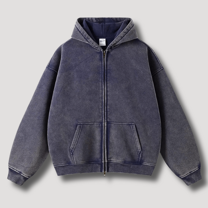 Practical front pockets on a men's full zip hoodie, enhancing active comfort & casual utility.