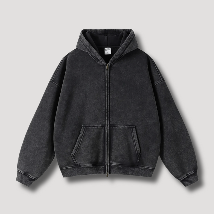 Soft fabric texture of a men's full zip hoodie, ideal for active comfort & stylish casual wear.