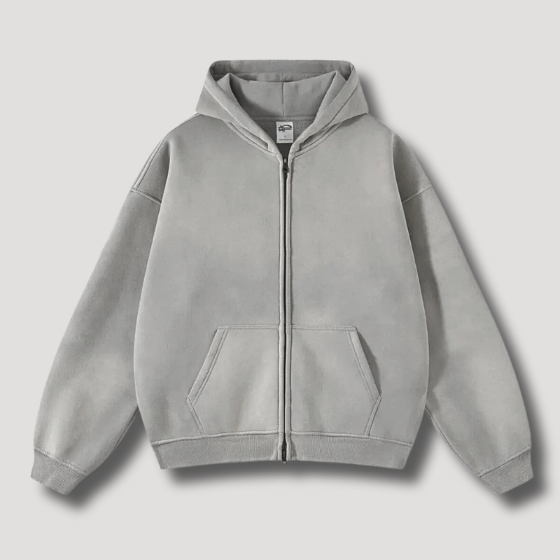 Stylish man wearing a comfortable full zip hoodie, great for casual wear & everyday layering.