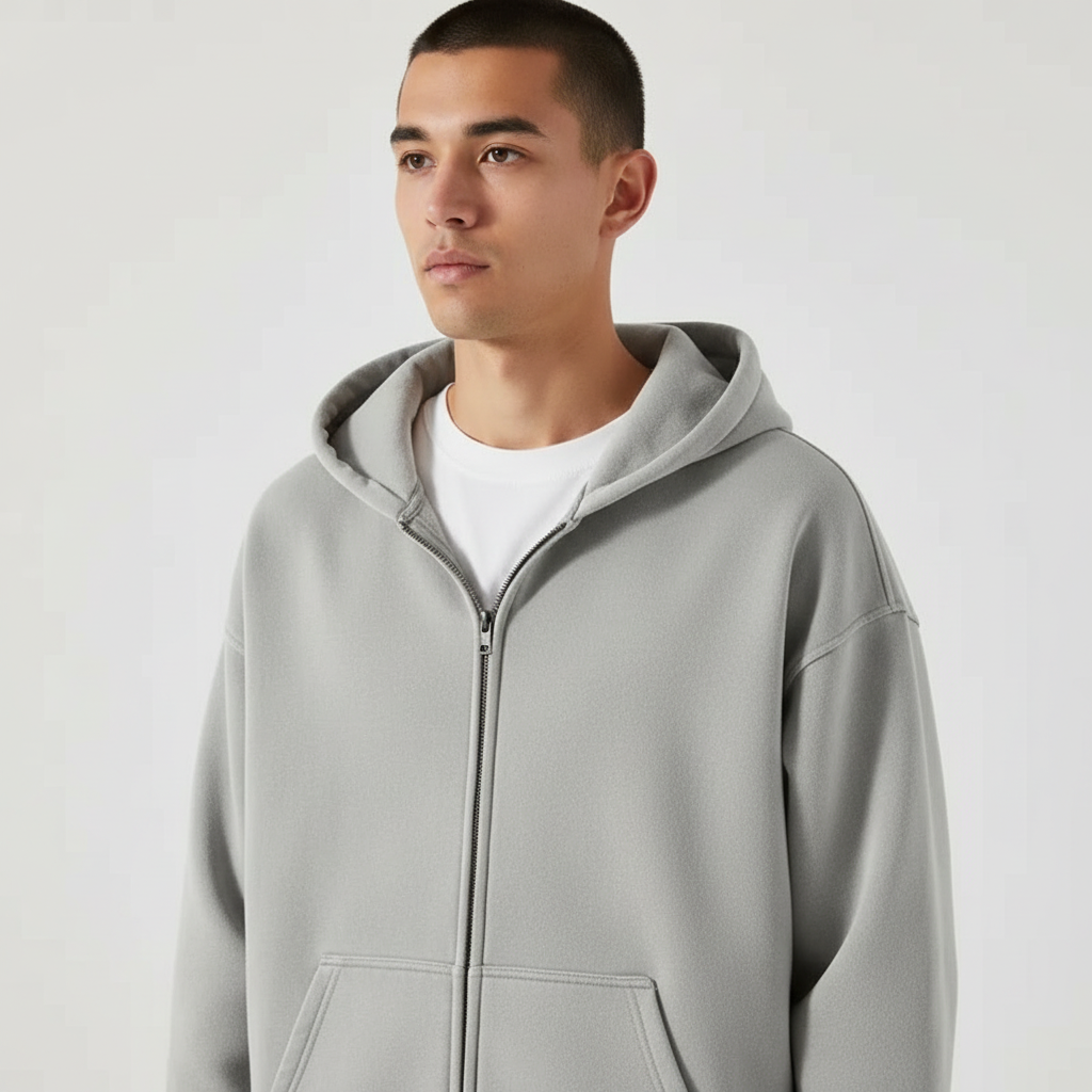 Men's zip-up sweatshirt with a durable full zip, versatile hooded top for active comfort.