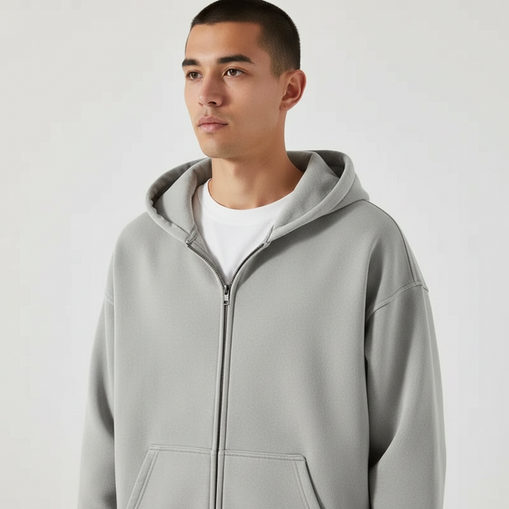 Men's zip-up sweatshirt with a durable full zip, versatile hooded top for active comfort.