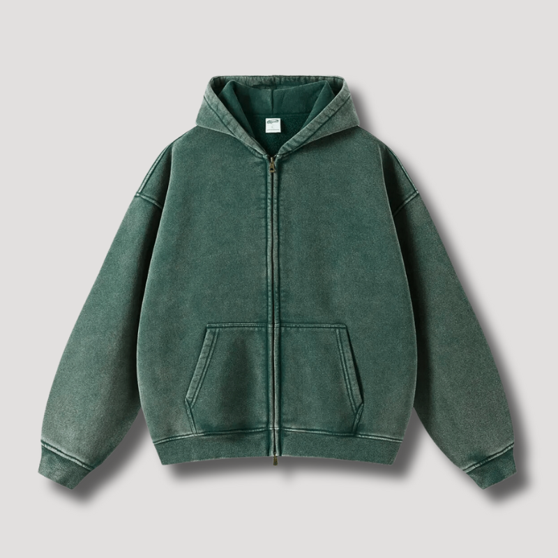 Back view of a comfortable men's full zip hoodie, an essential layering piece for everyday style.