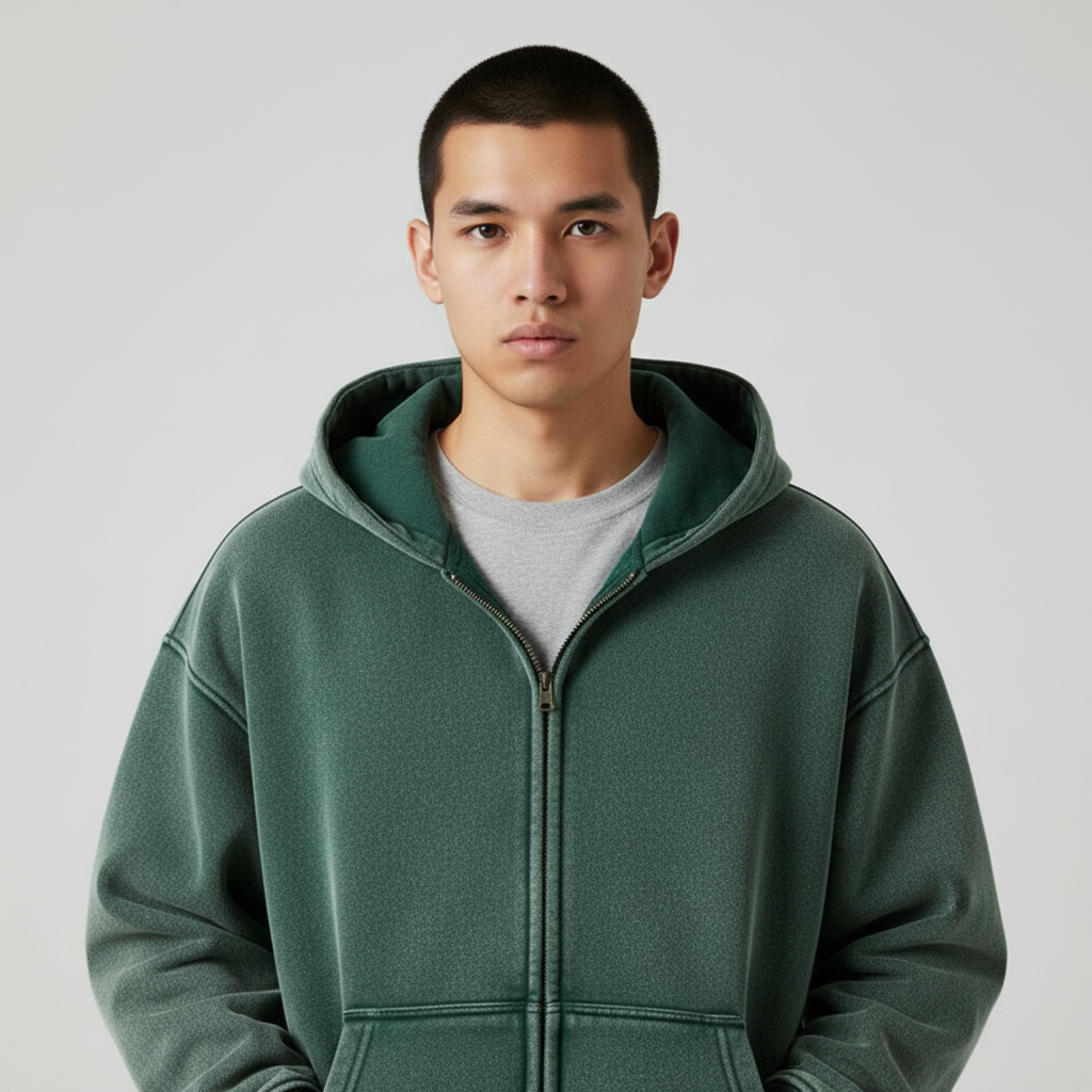 Cozy hood detail on a men's zip-up sweatshirt, offering warmth & casual everyday style.