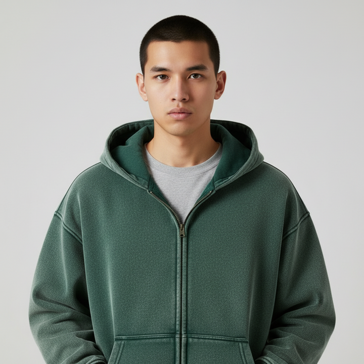 Cozy hood detail on a men's zip-up sweatshirt, offering warmth & casual everyday style.