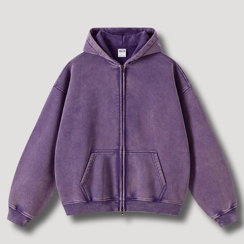 Neatly folded men's casual full zip hoodie, ready for easy everyday layering & comfortable style.